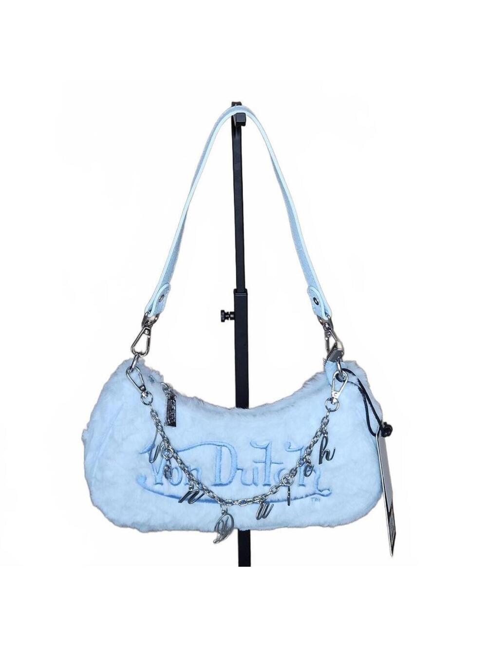 Von Dutch Light Blue Faux Fur Mini Shoulder Bag Charm Y2K McBling Coquette NWT